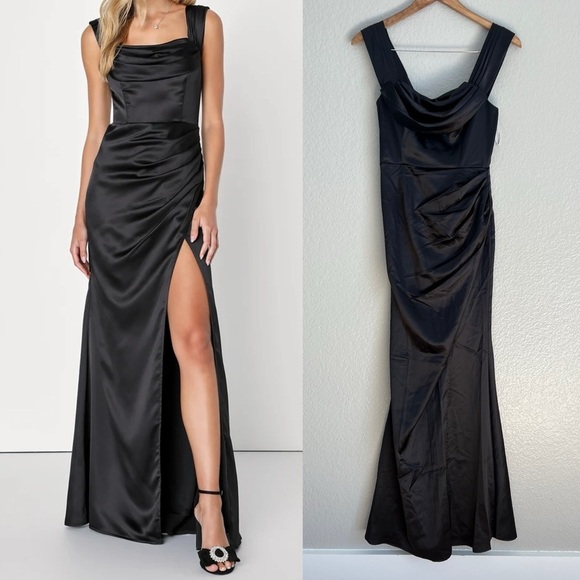 Stunning Arrival Black Satin Off-The-Shoulder Maxi Dress - Picture 1 of 12